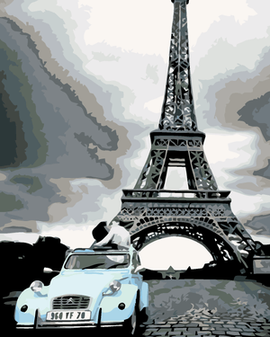Goblen cu diamante - TURNUL EIFFEL ȘI O MAȘINĂ ALBASTRĂ