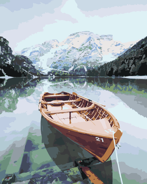 Goblen cu diamante - BARCĂ DE LEMN PE UN LAC ALPIN