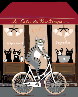 Goblen cu diamante - PISICĂ PE BICICLETĂ ÎN FAȚA CAFEN...