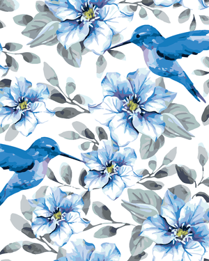 Goblen cu diamante - FLORI ALBASTRE ȘI PĂSĂRI COLIBRI