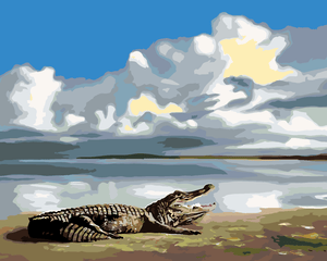 Goblen cu diamante - ALIGATOR ÎNTINS PE PĂMÂNT PRIVIND...