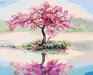 Goblen cu diamante - SAKURA ÎNFLORIT LÂNGĂ LAC