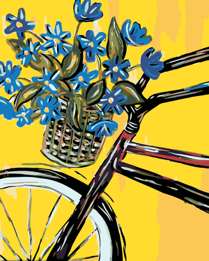 Goblen cu diamante - BICICLETĂ CU UN COȘ DE FLORI ALBA...
