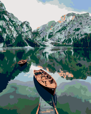 Goblen cu diamante - BARCĂ CU VÂSLE PE UN LAC MONTAN