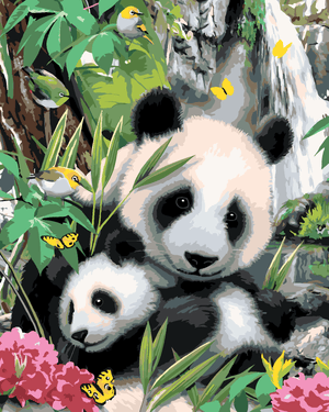 Goblen cu diamante - PANDA CU PUI LÂNGĂ CASCADĂ (HOWAR...
