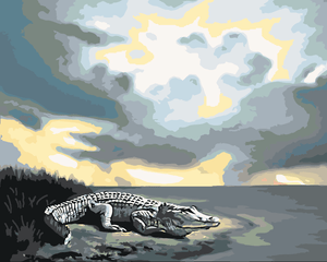 Goblen cu diamante - ALIGATOR LÂNGĂ APĂ CU NORI PE CER...