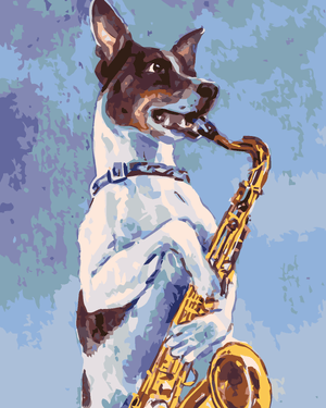 Goblen cu diamante - CÂINE CÂNTÂND LA SAXOFON