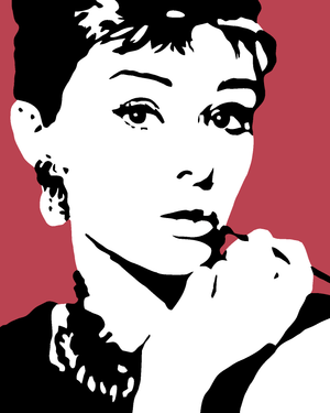 Goblen cu diamante - AUDREY HPBURN PE FUNDAL ROȘU