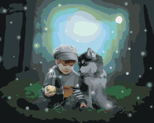 Goblen cu diamante - HUSKY ȘI UN BĂIAT ÎN PĂDURE
