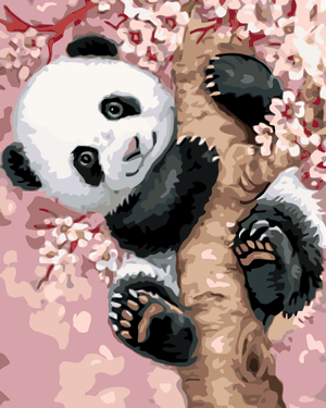 Goblen cu diamante - PANDA PE UN COPAC ÎNFLORIT